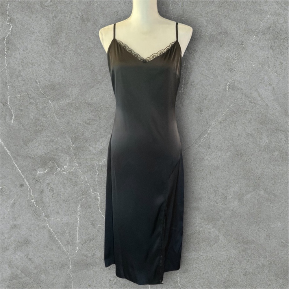 BCX Black Satin Lace-Trim Slip Dress